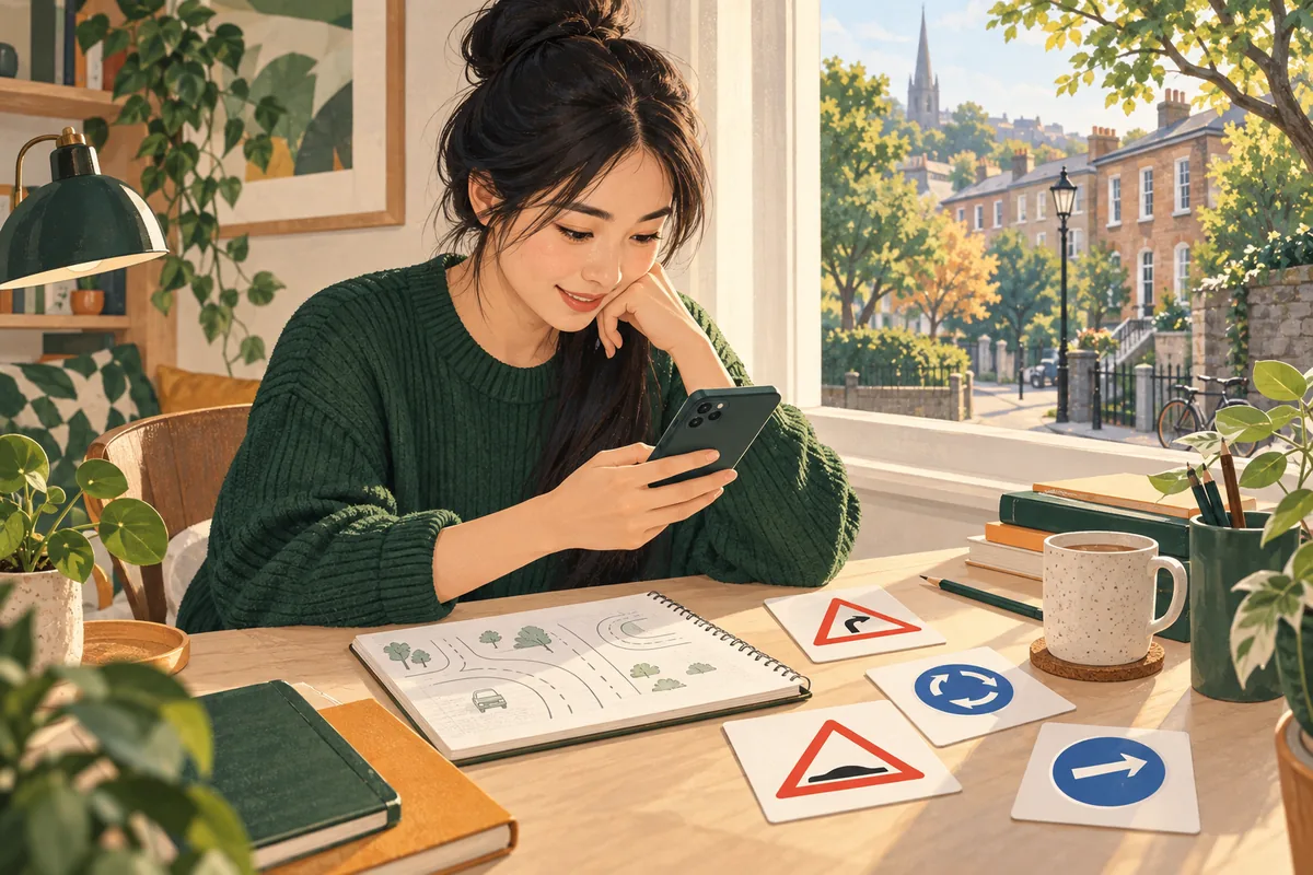 رسم توضيحي لمتعلّم صيني يدرس على مكتب مستعيناً بهاتف ودفتر وبطاقات إشارات الطريق.