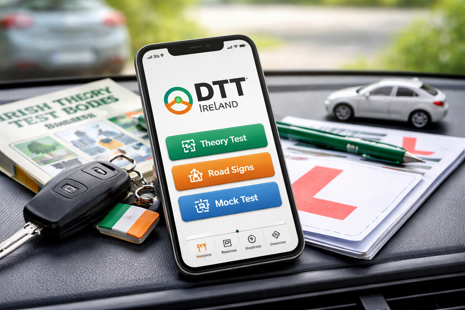 Person preparing for Irish RSA driving theory test on smartphone