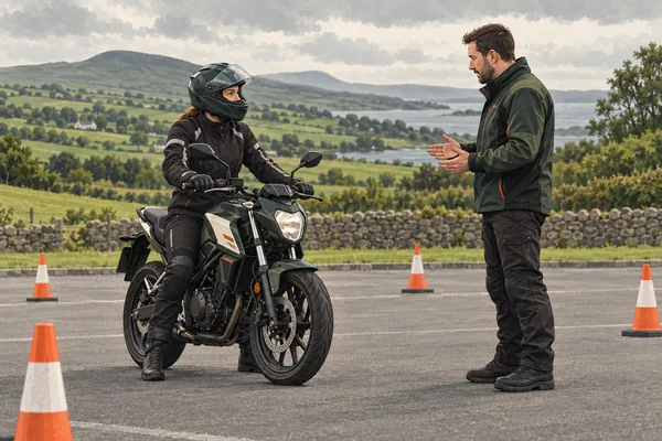 Illustration of a motorcycle learner and instructor.